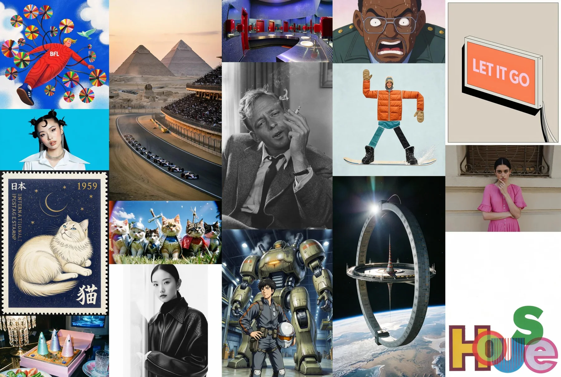 Official FLUX 3 Image Klein publisher sample grid with portraits, illustration, product, architecture, and science fiction images